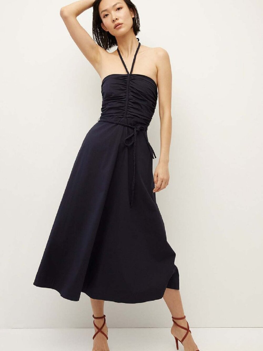 Veronica Beard Tucker Dress 10 Ruched Halter Midi A Line Navy Blue Pockets